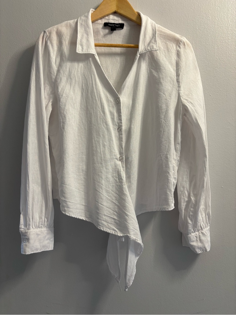 Ellen Tracy White Linen Blend Tie Front Shirt Blouse Long Sleeve Button Up Sz M - Picture 10 of 10